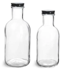 16oz 8oz 12oz Clear Glass Stout Bottle with Black Metal-Lined Cap for Packing Sauce Toppings and Beverages