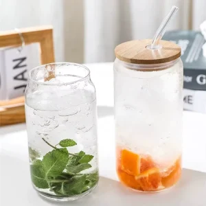 16oz Clear High Borosilicate Glass Tumbler, Beer Can Shape, with Bamboo Lid and Straw