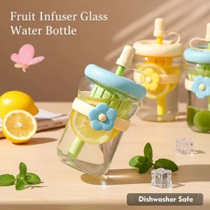 16oz Glass Water Bottle with Fruit Infuser and Straw Dishwasher Safe Flower Mason Jar for Iced Coffee Juice Tea