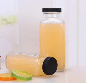 16oz Square Glass Drinking Bottles Glass Bottles With Lids for Beverage and Milk