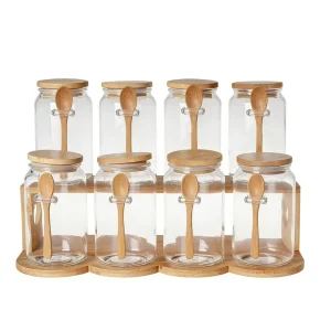 17oz Airtight Glass Jars Bamboo Lids Spoons Kitchen Canisters Coffee Sugar Beans Tea Spice Storage Bamboo Stand