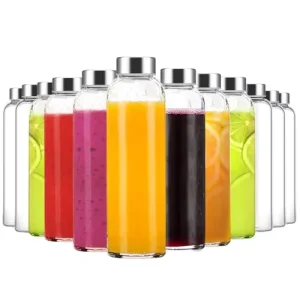 18 oz Clear Glass Water and Juice Bottle with Reusable Lid and Stainless Steel Cap BPA-Free Dishwasher-Safe