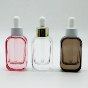 1oz 30ml Flat Square Essential Oil and Serum Dropper Bottle with White and Gold Caps