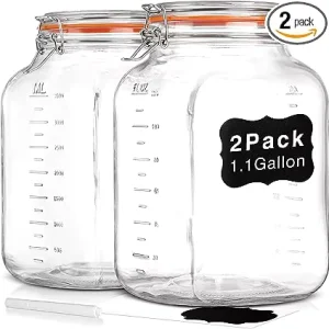 2 Pack Square Wide Mouth Airtight Glass Storage Jars with Lids 1.1 Gallon with 2 Measurement Marks for Canning