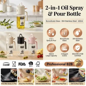 2-in-1 Oil Spray & Pour Bottle 600ml Borosilicate Glass & 304 Stainless Steel Kitchen Oil Dispenser