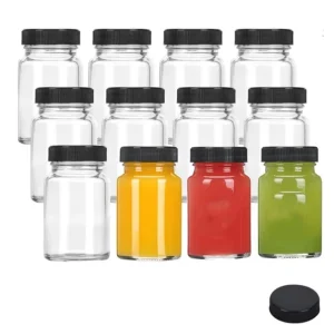 2 oz Glass Shot Mini Bottles with Black Lids Small Clear Jar for Ginger Wellness Shot Juice Wide Mouth Leakproof