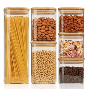 200ml-2500ml Kitchen Food Spice High Borosilicate Square Glass Storage Jar with Natural Bamboo Lid