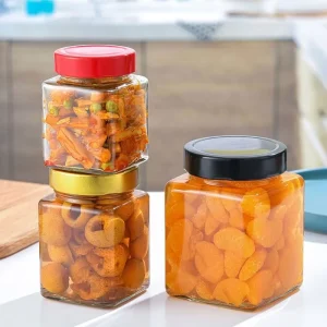 200ml 280ml 380ml 500ml 730ml Square Glass Jar With Tall Cap for Pickle Honey Hot Sauce Jam