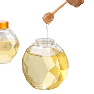 200ml/380ml Polygonal Glass Jar with Wooden Spoon and Cork Lid, 250ml Capacity, Sauce Dispenser for Honey and Jam