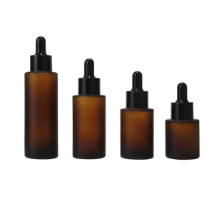 20ml 30ml 40ml 60ml Frosted Amber Flat Shoulder Glass Oil Bottle with Serum Pipette Dropper Head for Essential Oil Cosmetics