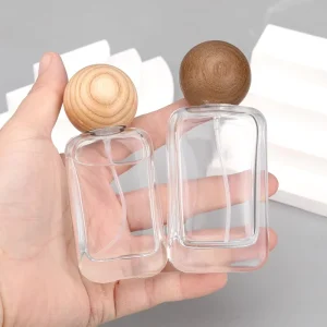 20ml 35ml 50ml Eco friendly Glass Rectangle Travel Perfume Empty Bottle Pump Sprayer Real Wood for Cap Screen Printing