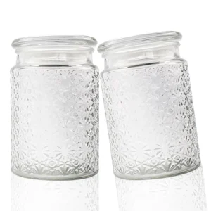 22 oz Vintage Embossed Clear Glass Candle Holder and Kitchen Storage Jar with Glass Lid