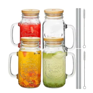 24 oz Mason Jar Drinking Mugs with Bamboo Lids Stainless Steel Straws and Handle