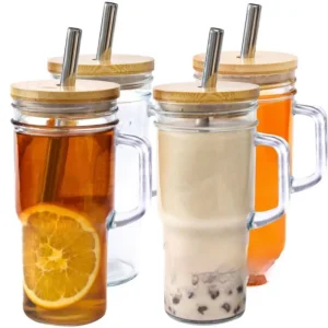 24oz Car-Handle Glass Cup with Lid and Straw for Outdoor Home and Office Use
