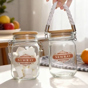 250 ml 350 ml 500 ml Custom Clear Glass Food Storage Jar with Bamboo Lid and Handle