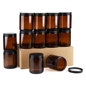 250g 8oz Amber Round Glass Candle Jars with Black Metal Lids for Essential Oil Fragrance Cosmetic Packing