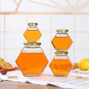 250ml 250g Hexagonal Glass Honey Jar with Golden Sealed Metal Lid