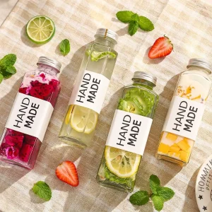 250ml 350ml 500ml Square Clear Glass Juice Beverage Bottles with Screw Caps for DIY Making