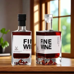 250ml 375ml 500ml 750ml Flint Gold Vodka Rum Tequila Whiskey Glass Bottle with Cork, Square Mountain Base