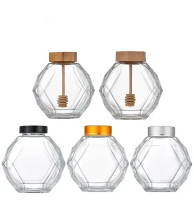 250ml 380ml 500ml 1000ml Lunique Mini Bee Hexagon Glass Honey Jar with Bamboo Cap and Wooden Stick for Snack & Jelly
