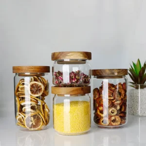 250ml 450ml Food Grade Airtight Multifunction Glass Storage Jar With Acacia Wood Lid For Candy