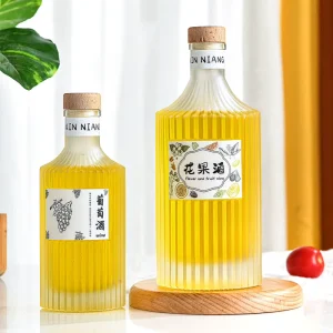 250ml 500ml Embossed Cylinder Glass Beverage Juice Liquor Bottle with Wooden Stopper