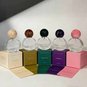 25ml Round Empty Glass Perfume Bottle with Spherical Cap Screw Cap Pump Sprayer and Screen Printing