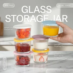 260ml Mini Glass Food Storage Container Stackable Airtight Jar with Colorful Lid for Kitchen Fridge OEM