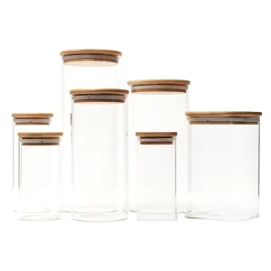 2oz 5oz 6oz 8oz High Borosilicate Glass Spice Jars Kitchen Canister Airtight Glass Storage Jars with Wooden Lid