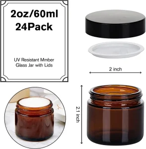 2oz 60ml Amber Round Airtight Glass Face Cream Jar with Inner Liner and Black Lid