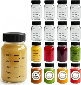 2oz 60ml Wide-Mouth Glass Shot Bottle for Juice and Spices with Scale and Leak-Proof Cap