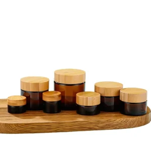 2oz Amber Glass Jars 60ml Round Bamboo Cap Cosmetic Jars Reusable Glass Containers for Homemade Creams Candle and Skin Care