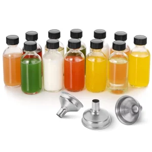 2oz Small Clear Glass Bottles(60ml) with Lids Boston Round Travel Bottles for Vanilla Hot Sauce Juice Whiskey Liquid