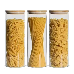 3 Pack Glass Spaghetti Container Glass Pasta Jar Cylinder Airtight Pasta Food Storage Container Glass Jar With Bamboo Lid