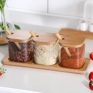 3-Piece Glass Condiment Spice Jar Set with Lids Spoons and Bamboo Tray