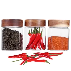 3 Piece Glass Food Storage and Spice Jars with Acacia Wood Lids