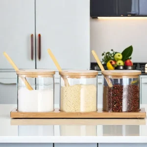 3-Piece Round Glass Spice Jar Set with Bamboo Lids Square Bottom Tray and Spoon