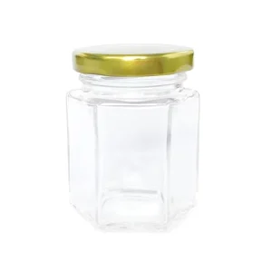 3.4 oz 100 ml Small Hexagon Glass Jelly Jar with Gold Lid, Strings, and Labels