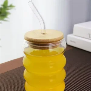 300ml Spiral Borosilicate Glasses Cup Bamboo Wood Lid Transparent Juice Glass Cup Bottle with Straw