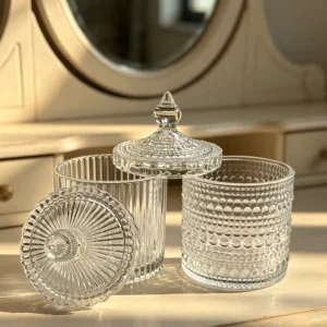 300ml Vintage Assorted Embossed Glass Storage Jars with Lids Lead Free Clear Decorative Canisters for Home & Vanity