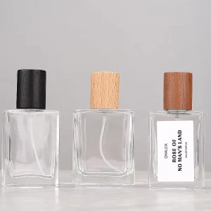 30ml 50ml Transparent Square Shape Portable Empty Perfume Bottles High End Wood Cover with Aluminium Sprayer Pressure Containers