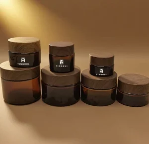 30g 50g 60g 2oz Empty Amber Plastic and Glass Cosmetic Cream Jar with Bamboo Wood-Grain Black Lid for Body Butter Cream