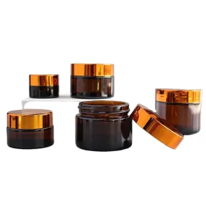 30g 50g Cream Glass Bottles Flat Cosmetic Jar with Gold Lid and Screw Cap Empty Amber Skin Care Container Sealed