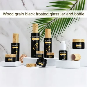 30g 50g Matte Black Cosmetic Glass Jar & Bottle Set With Wood Grain Lid Eco friendly Skincare Packaging For Cream Essential Oil