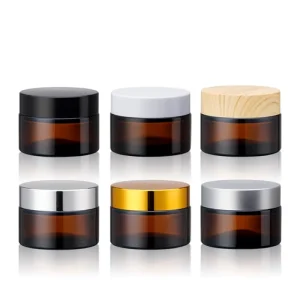 30g Cylinder Face Cream Cosmetic Glass Jar With Amber Brown and Dark Wood Lid