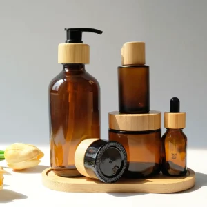 30ml 120ml 250ml Cosmetic Set Amber Bamboo Pump Glass Bottle Cream Jar