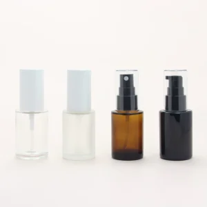 30ml 1oz Flat Shoulder Perfume Misty Spray Bottle Clear Frost Amber Black Facial Serum Glass Bottle with Pump Cap