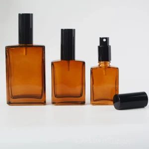 30ml 50ml 100ml Flat Square Amber Glass Perfume Spray Bottles with Black Tops