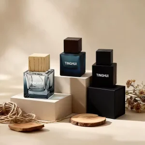 30ml 50ml 100ml Men’s Empty Fragrance Spray Bottle, Square Glass with Wood Cap