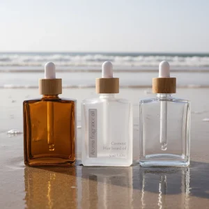 30ml 50ml 100ml Square Brown Clear Frosted Glass Aroma Serum Oil Bottle with Bamboo Wood Dropper